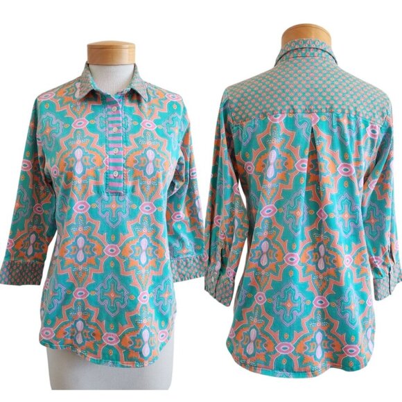 Gretchen Scott Tops - Gretchen Scott Bright Mixed Print Partial Button Front 3/4 Sleeve Popover Top L